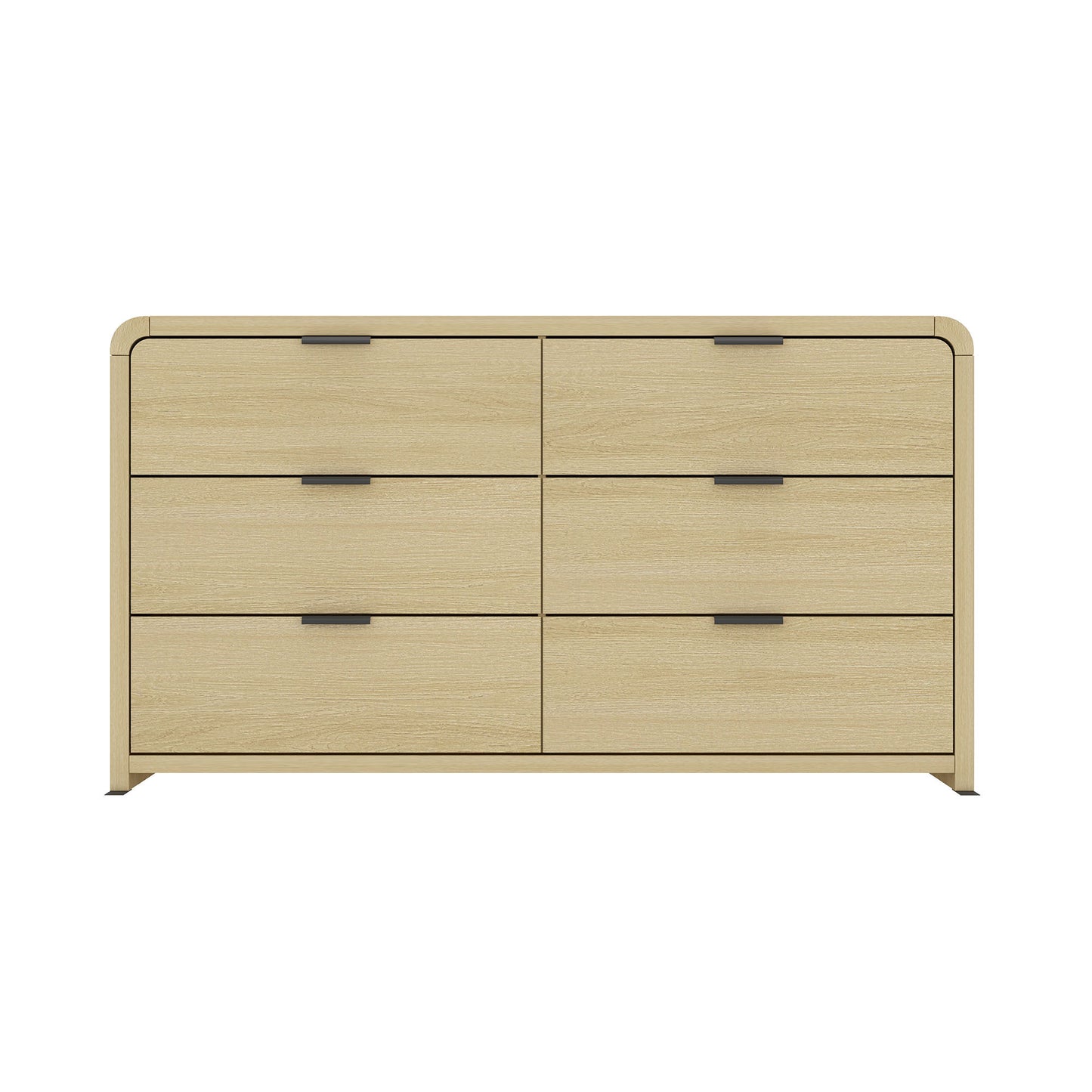 Grace 60" Dresser in Oak with 6 drawers and black metal pulls, ideal for modern bedroom storage and organization.