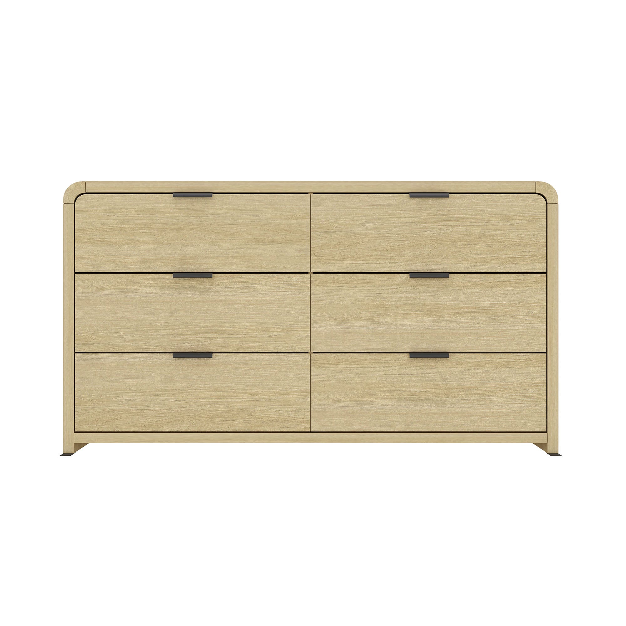 Grace 60" Dresser in Oak with 6 drawers and black metal pulls, ideal for modern bedroom storage and organization.