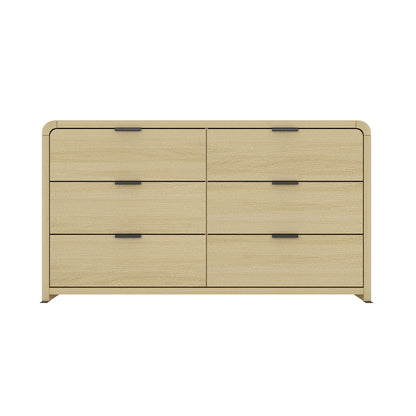 Grace 60" Dresser in Oak with 6 drawers and black metal pulls, ideal for modern bedroom storage and organization.