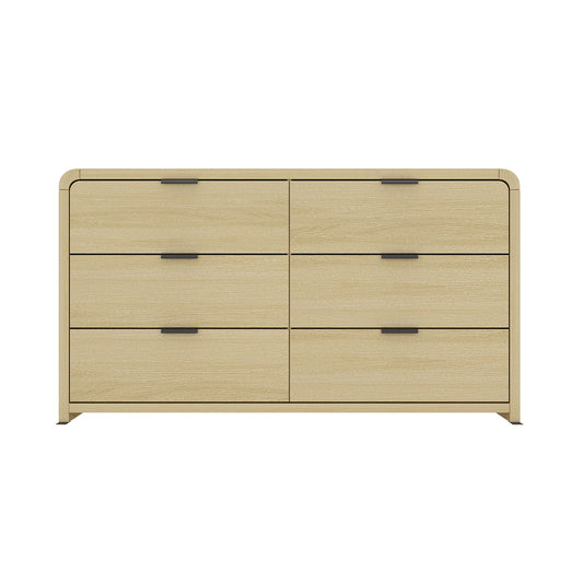 Grace 60" Dresser in Oak with 6 drawers and black metal pulls, ideal for modern bedroom storage and organization.