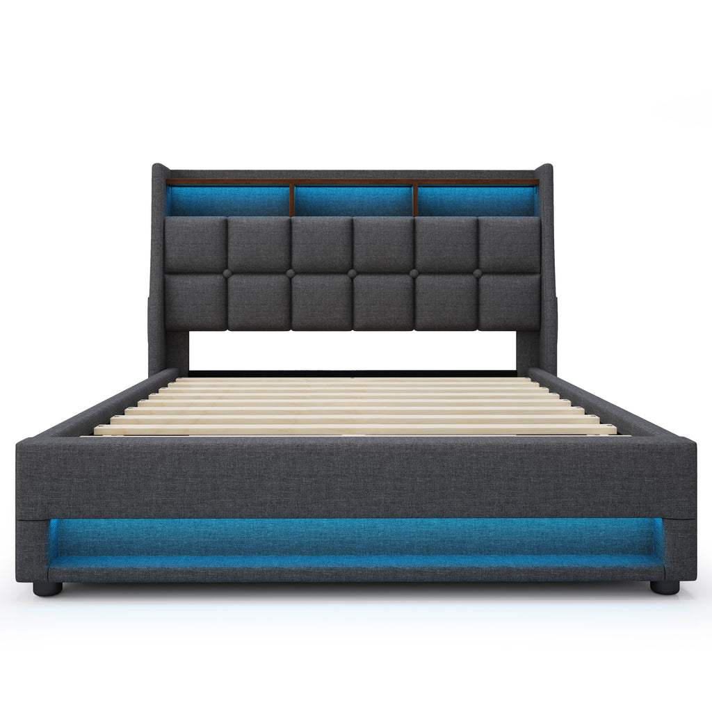 Queen Grey Linen Platform Bed with Hydraulic Storage and LED Lighting