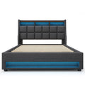 Queen Grey Linen Platform Bed with Hydraulic Storage and LED Lighting