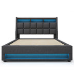 Queen Grey Linen Platform Bed with Hydraulic Storage and LED Lighting