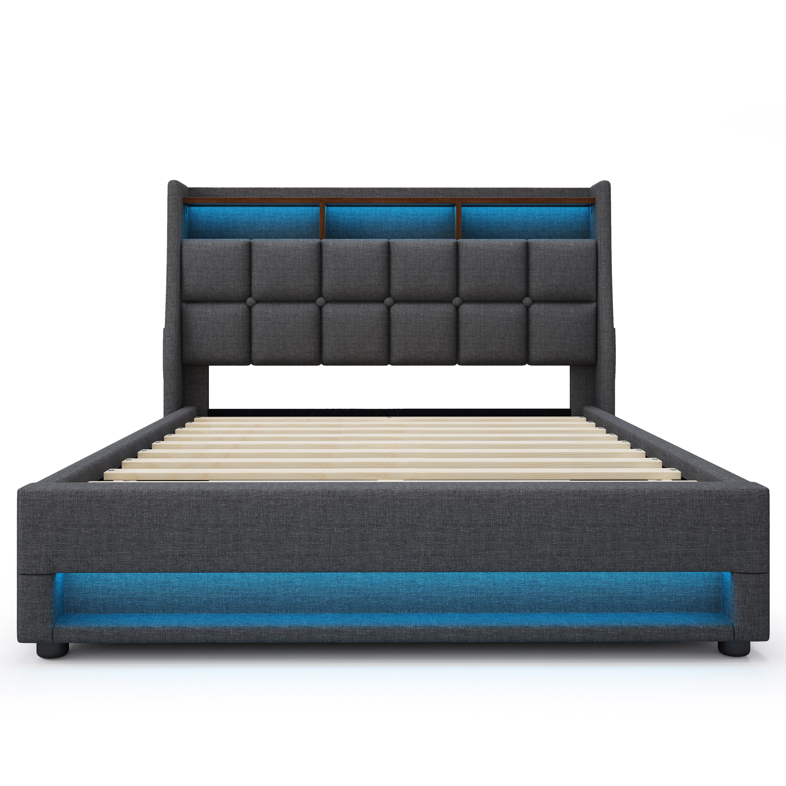 Queen Grey Linen Platform Bed with Hydraulic Storage and LED Lighting