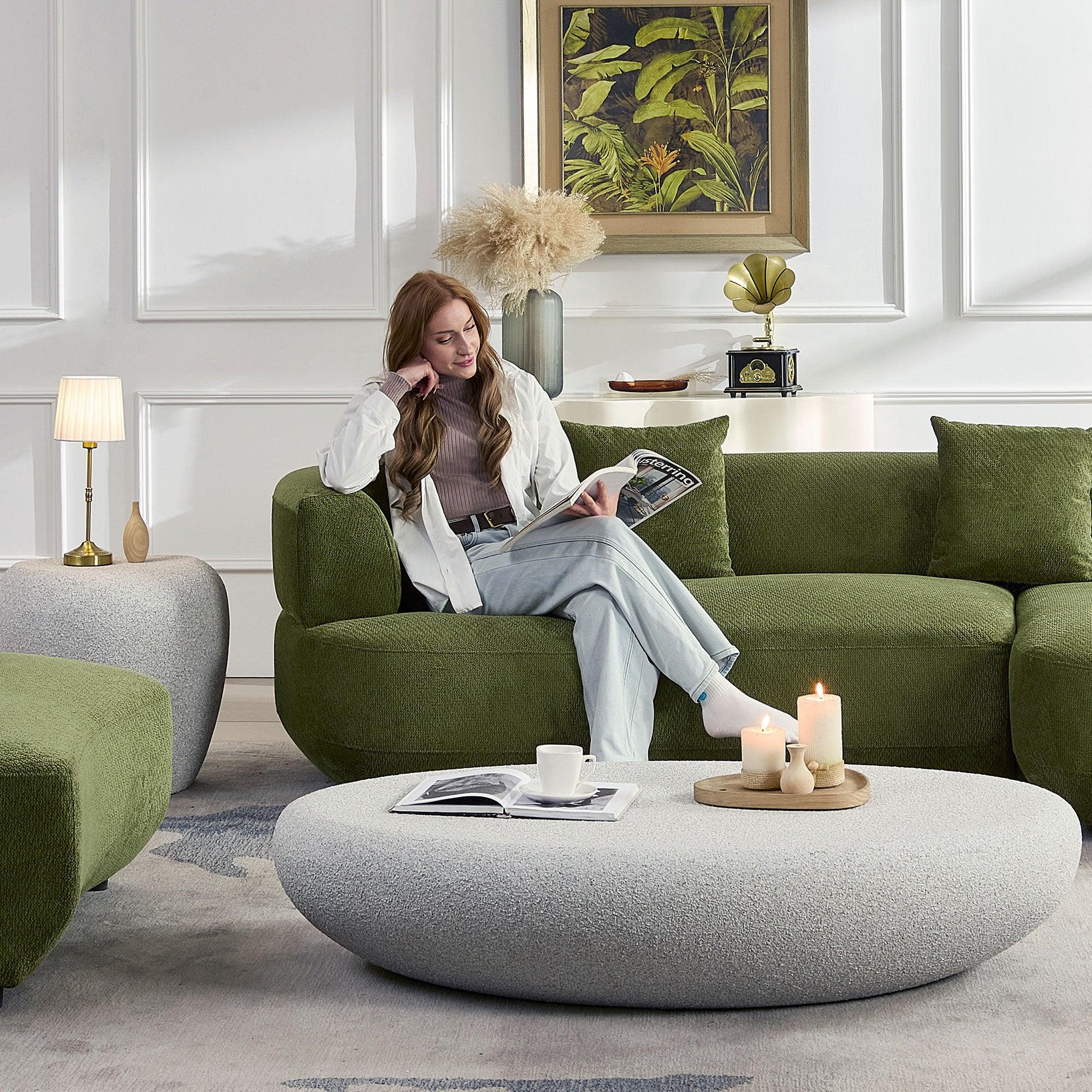 155.91 inch Curved Green Sectional Sofa with 5 Pillows.