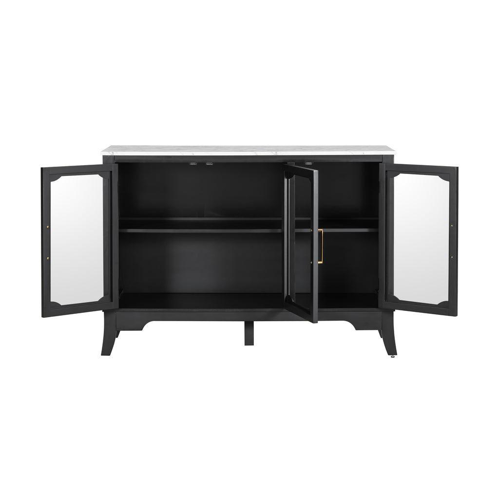 Front view of large storage cabinet with all three glass doors open, showcasing adjustable shelves in a black and white finish.
