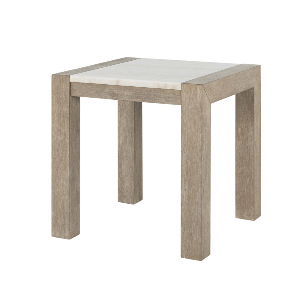 Modern Marble Table with square shape and beige finish, angled view showing marble top and solid rubberwood legs. Stylish end table for home use.