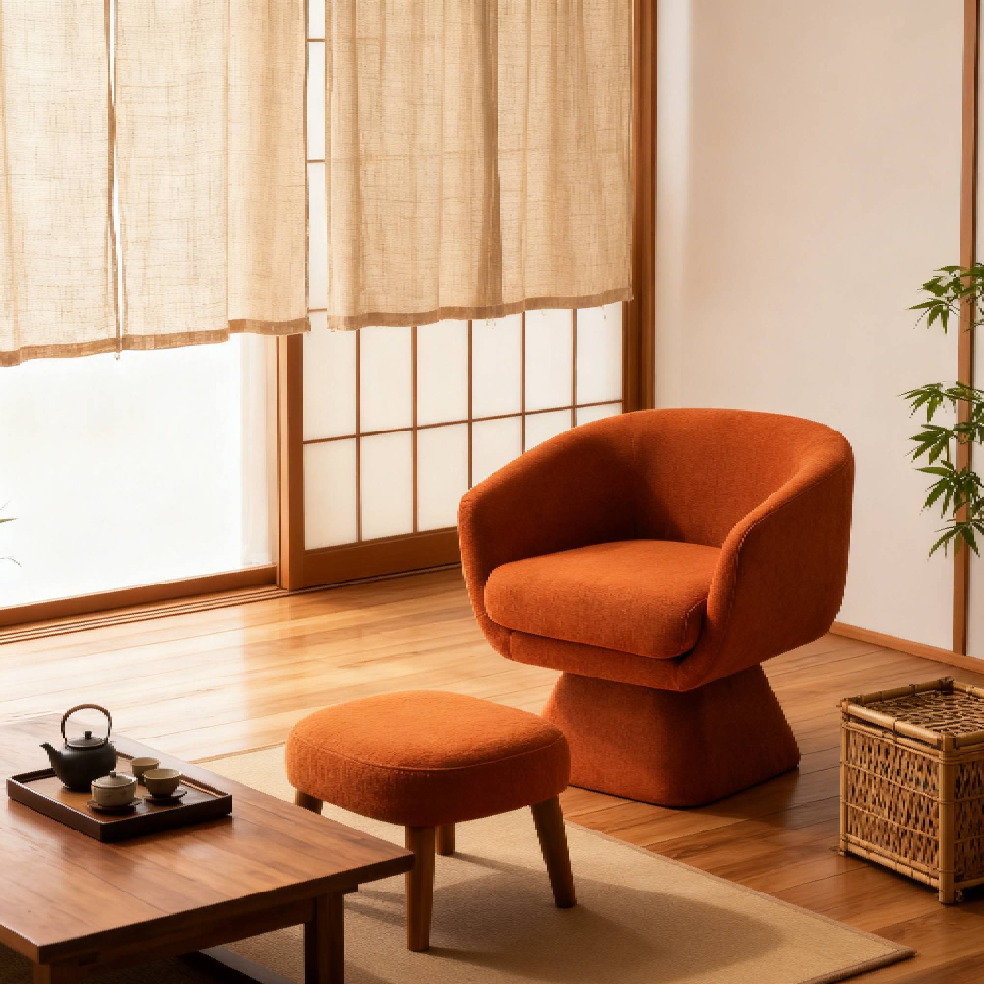 Modern Accent Chair with Ottoman in a serene Japanese-style room, offering comfort and style for reading or relaxing.
