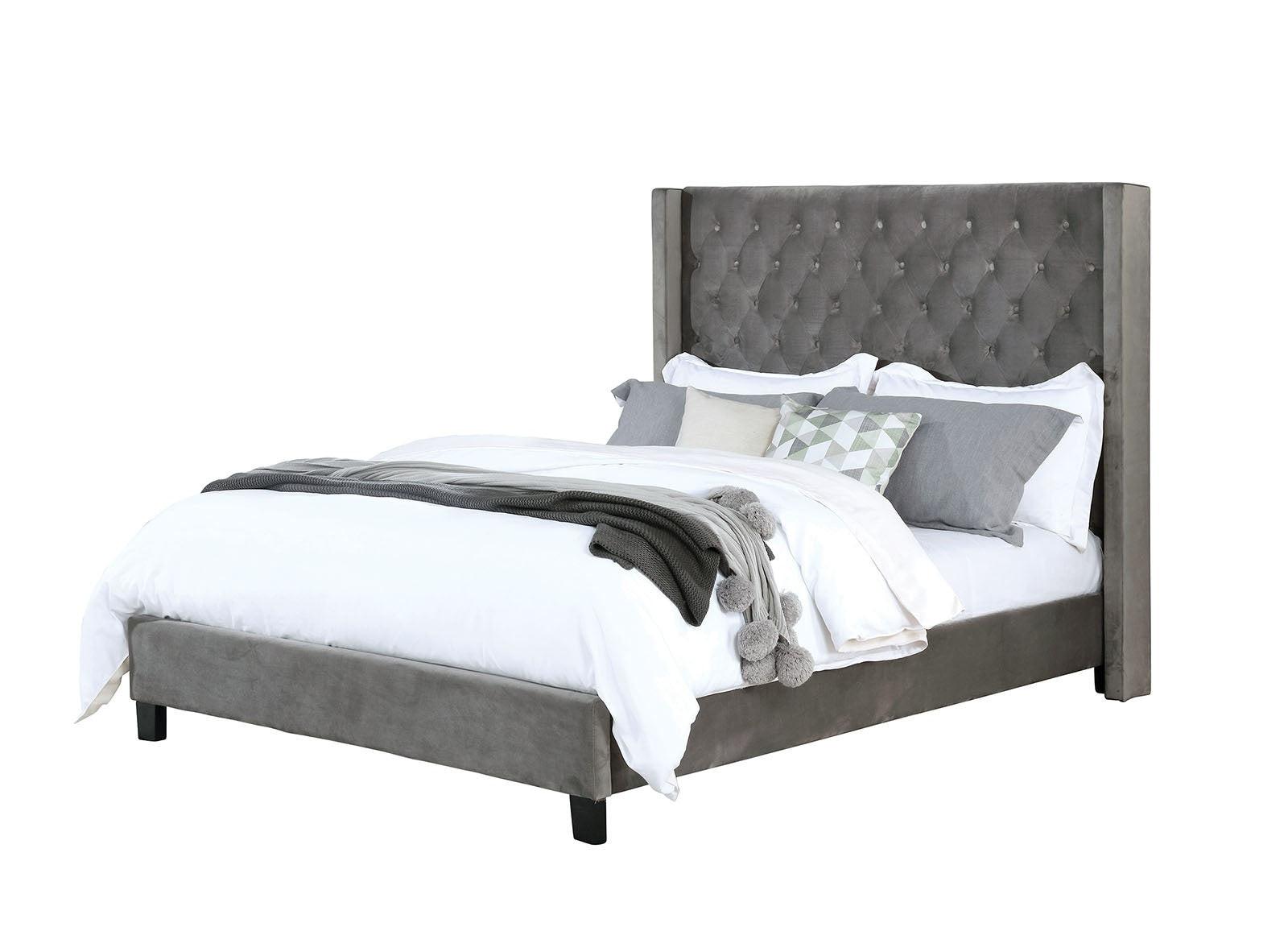 Gray Queen Size Bed Frame with Upholstered Design.
