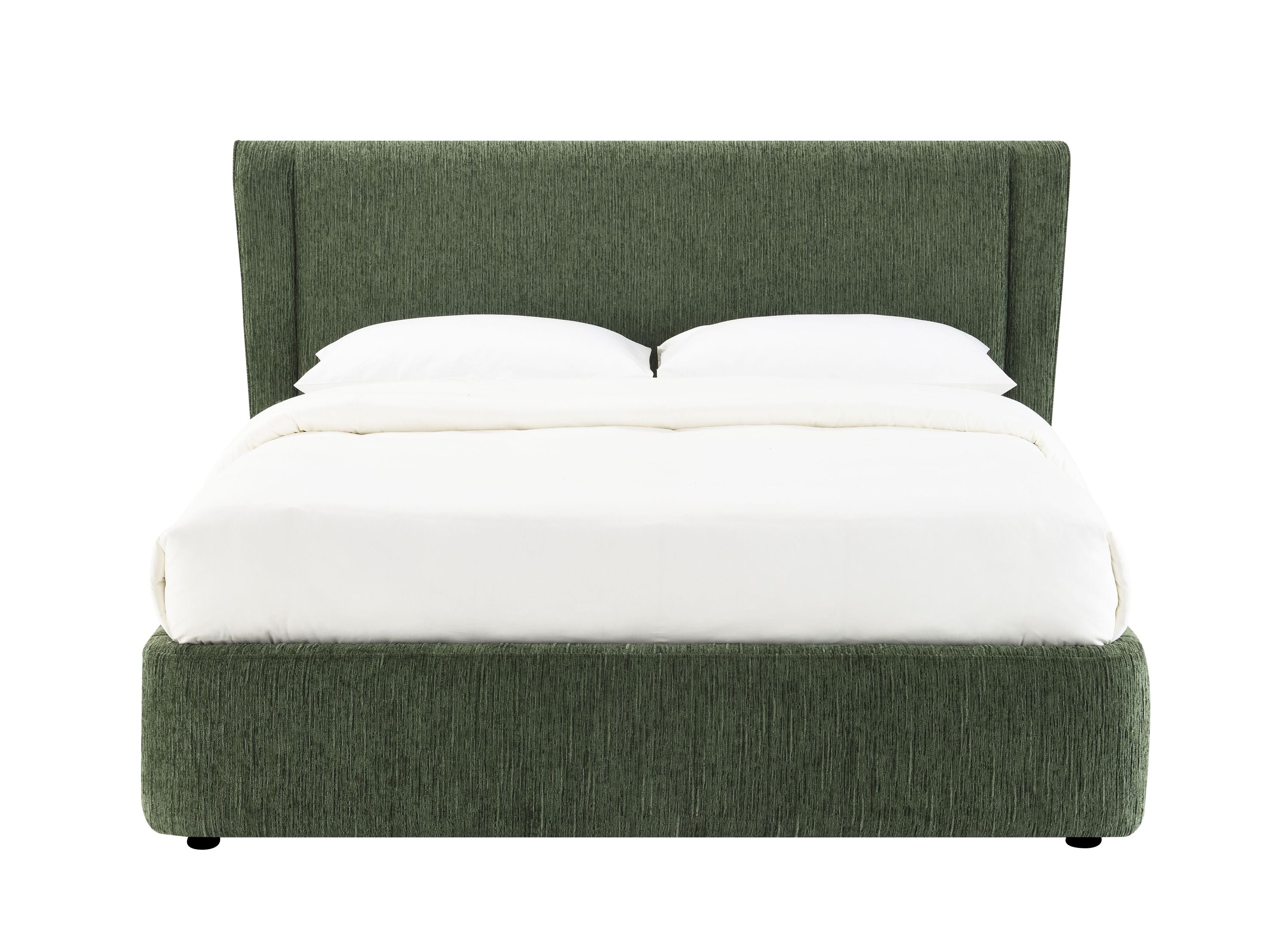 Front view of dark green Chenille Queen Bed with padded headboard and white bedding, ideal for modern bedrooms with tool-free setup.