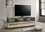 Modern wood TV stand with open shelving and drawers in a living room setup, supporting a flat-screen TV and decorative items.