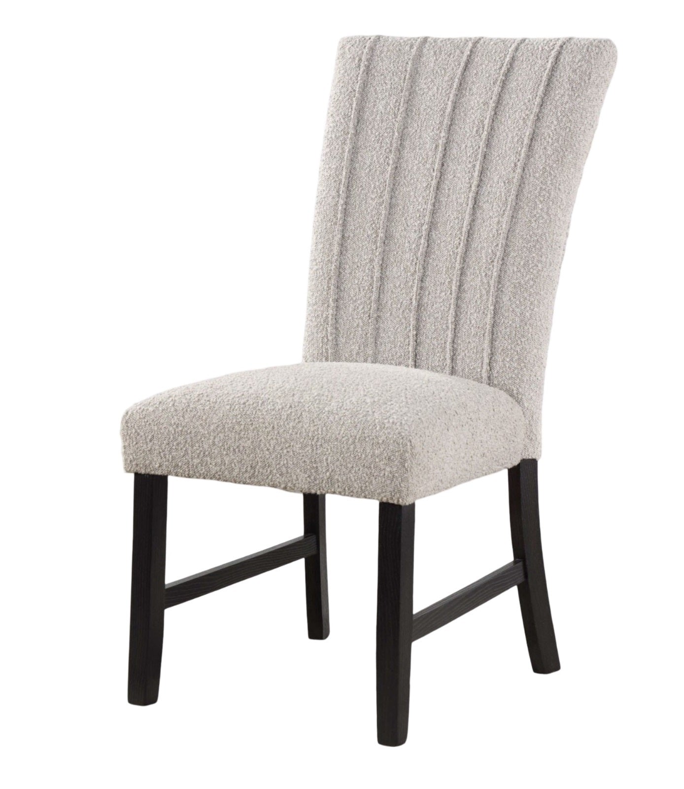 Angled view of gray boucle dining chair with black wood legs from the Genuine Marble Dining Table Set.