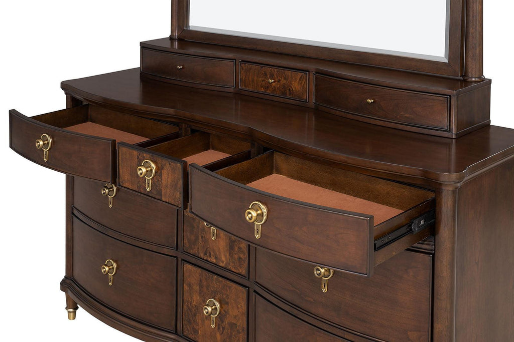 Transitional Dresser with Gold Capped Legs in Dark Cherry.