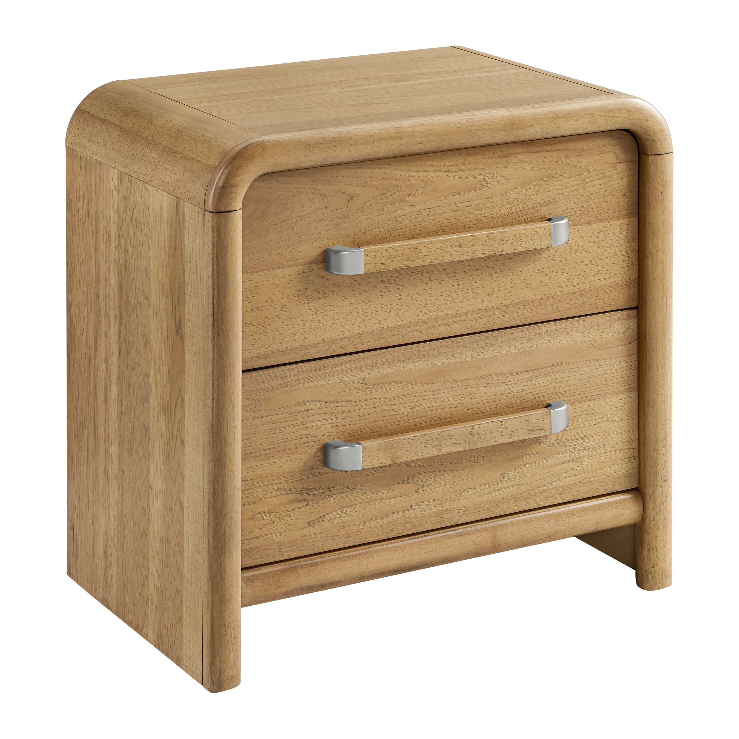 Contemporary 2-drawer nightstand in natural wood with rounded edges and sleek metal-accented drawer pulls.