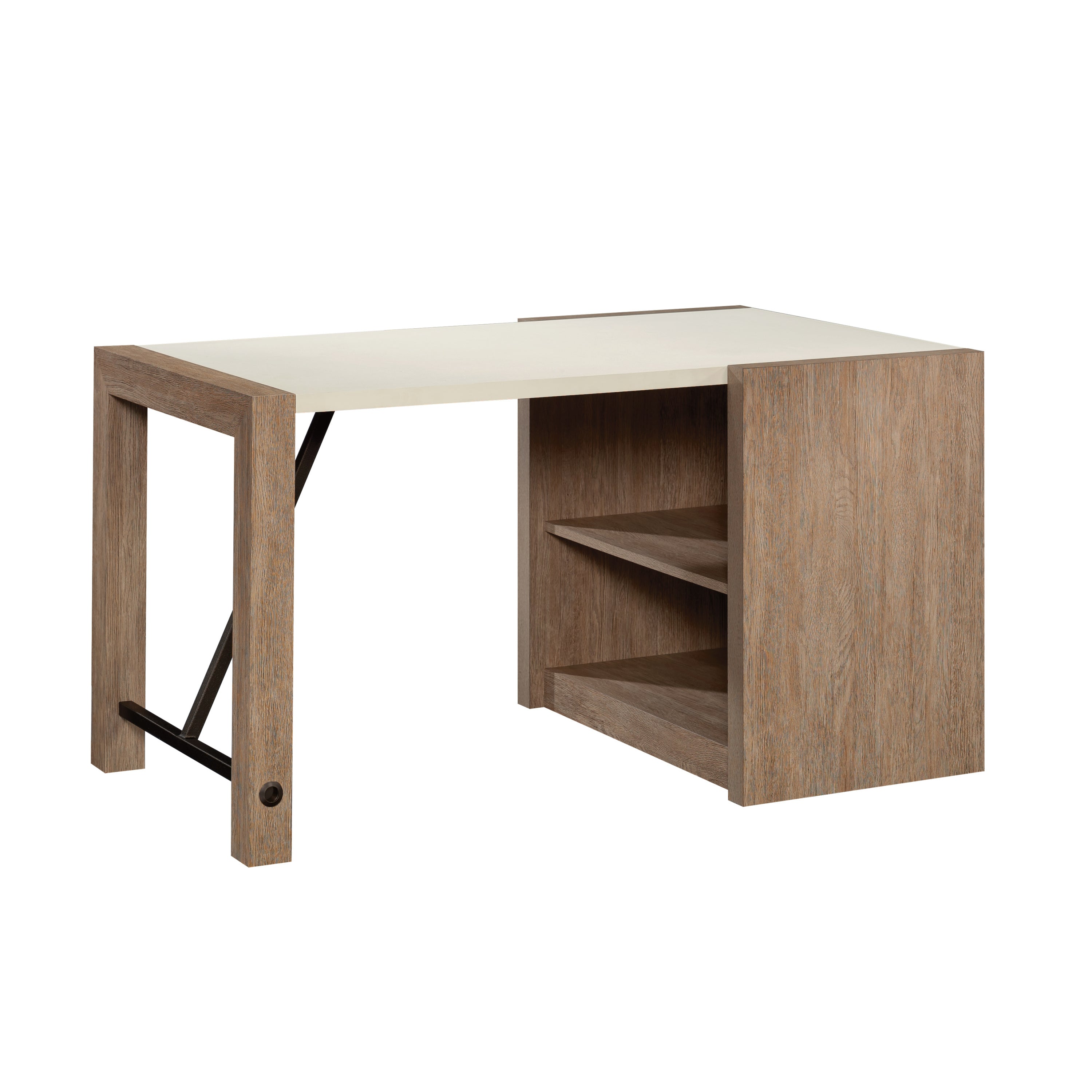Brown finish desk for home office with modern farmhouse design, featuring open shelving and a two-tone wood and white top.