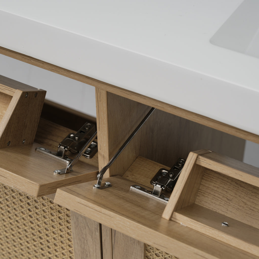 60 Inch Bathroom Vanity with Double Sink ( SMC Sink ), Large Storage Space with 2 Tip-Out Trays / Flip-Out Drawers and 4 Soft Closing Doors, Solid Wood Legs and Silver Metal Knobs, Wood Color Bathroom Vanity