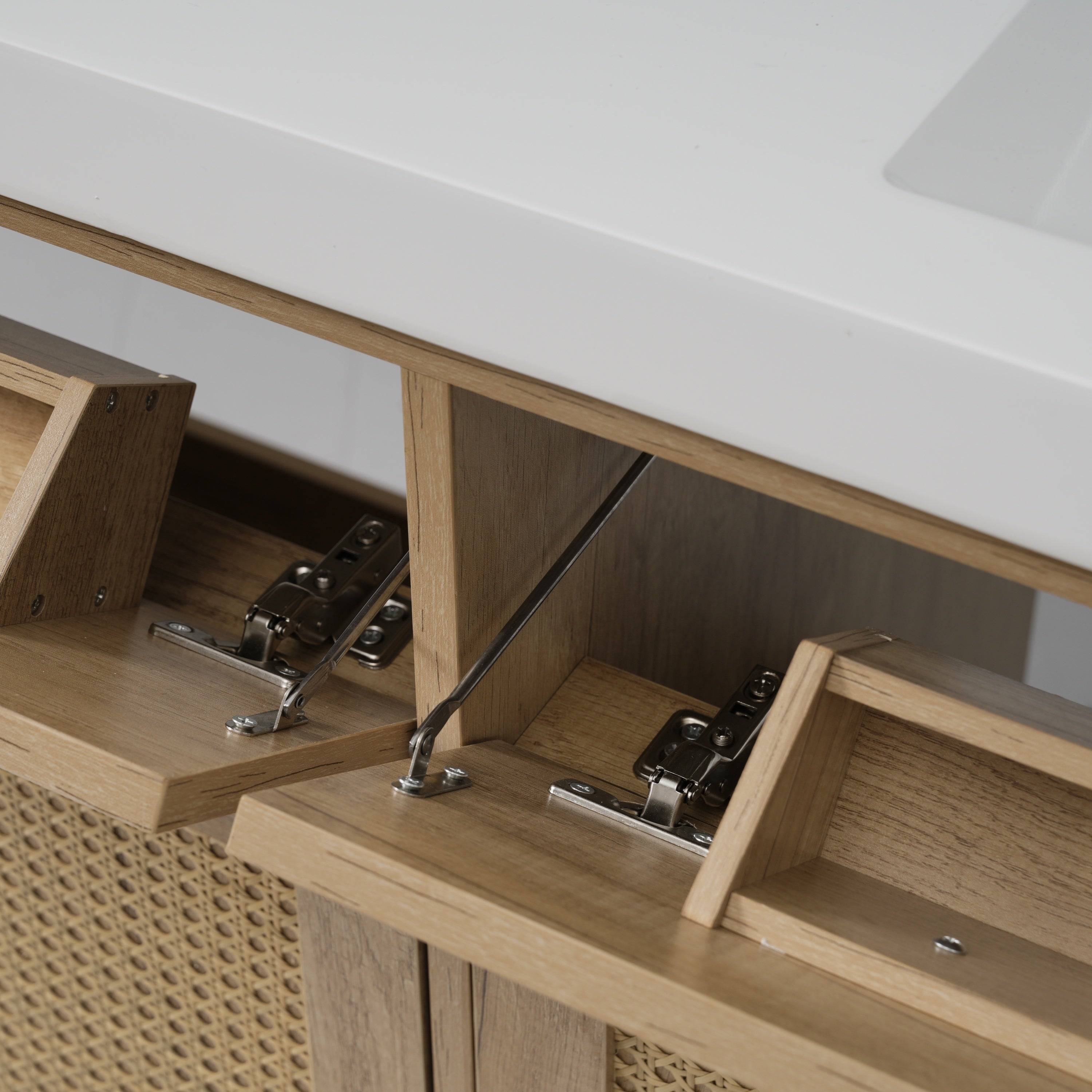 60 Inch Bathroom Vanity with Double Sink ( SMC Sink ), Large Storage Space with 2 Tip-Out Trays / Flip-Out Drawers and 4 Soft Closing Doors, Solid Wood Legs and Silver Metal Knobs, Wood Color Bathroom Vanity