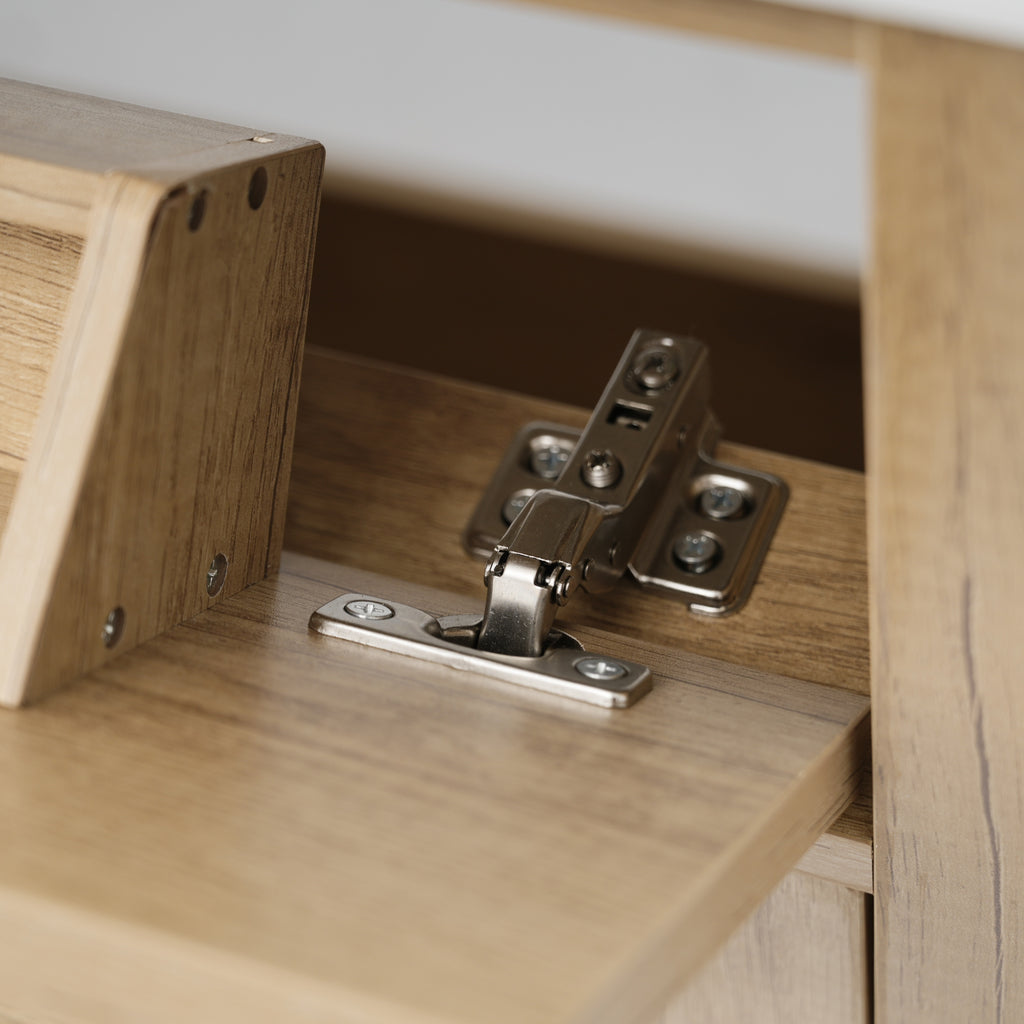 60 Inch Bathroom Vanity with Double Sink ( SMC Sink ), Large Storage Space with 2 Tip-Out Trays / Flip-Out Drawers and 4 Soft Closing Doors, Solid Wood Legs and Silver Metal Knobs, Wood Color Bathroom Vanity