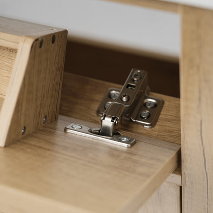 60 Inch Bathroom Vanity with Double Sink ( SMC Sink ), Large Storage Space with 2 Tip-Out Trays / Flip-Out Drawers and 4 Soft Closing Doors, Solid Wood Legs and Silver Metal Knobs, Wood Color Bathroom Vanity