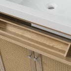 60 Inch Bathroom Vanity with Double Sink ( SMC Sink ), Large Storage Space with 2 Tip-Out Trays / Flip-Out Drawers and 4 Soft Closing Doors, Solid Wood Legs and Silver Metal Knobs, Wood Color Bathroom Vanity