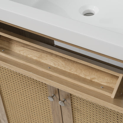 60 Inch Bathroom Vanity with Double Sink ( SMC Sink ), Large Storage Space with 2 Tip-Out Trays / Flip-Out Drawers and 4 Soft Closing Doors, Solid Wood Legs and Silver Metal Knobs, Wood Color Bathroom Vanity