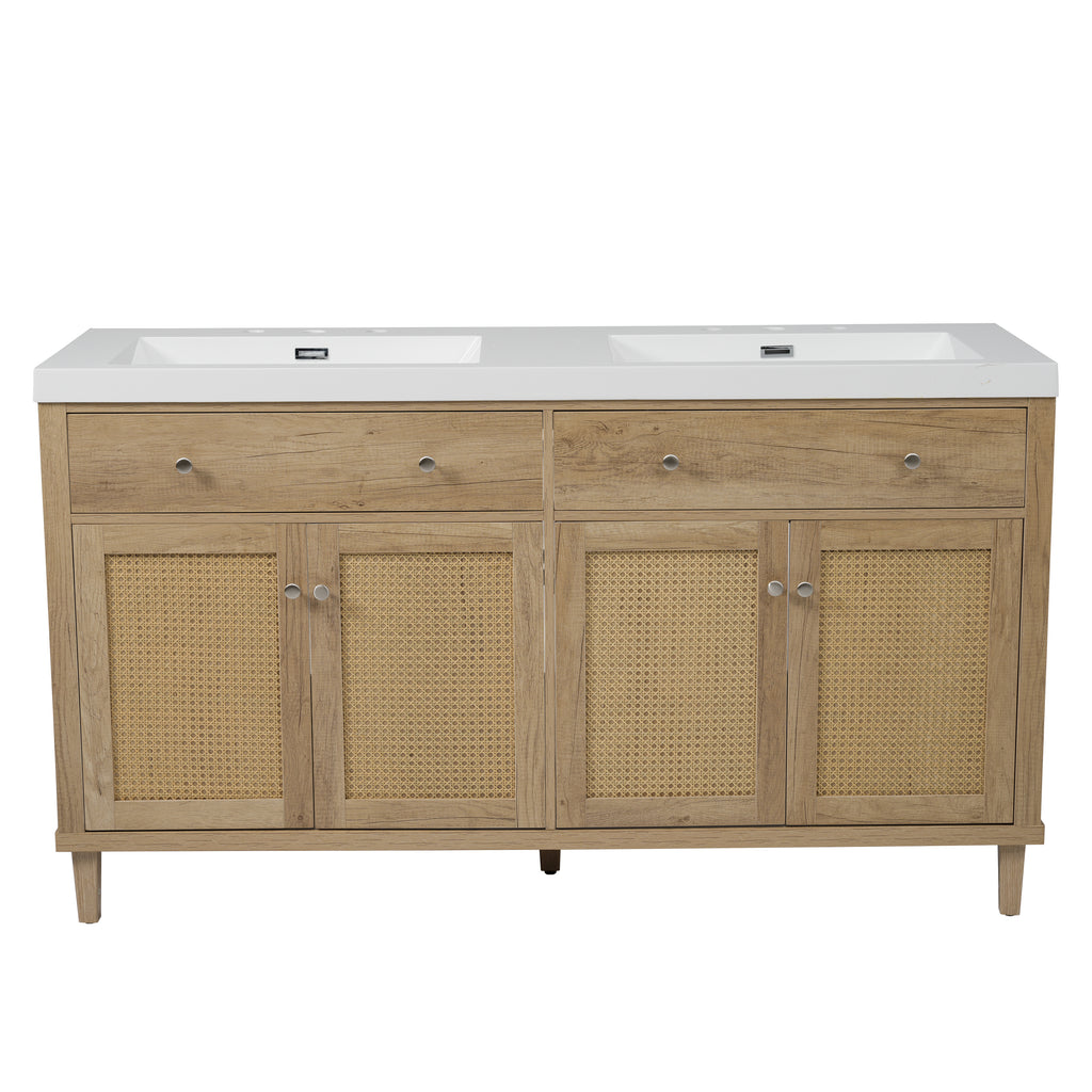 60 Inch Bathroom Vanity with Double Sink ( SMC Sink ), Large Storage Space with 2 Tip-Out Trays / Flip-Out Drawers and 4 Soft Closing Doors, Solid Wood Legs and Silver Metal Knobs, Wood Color Bathroom Vanity