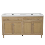 60 Inch Bathroom Vanity with Double Sink ( SMC Sink ), Large Storage Space with 2 Tip-Out Trays / Flip-Out Drawers and 4 Soft Closing Doors, Solid Wood Legs and Silver Metal Knobs, Wood Color Bathroom Vanity
