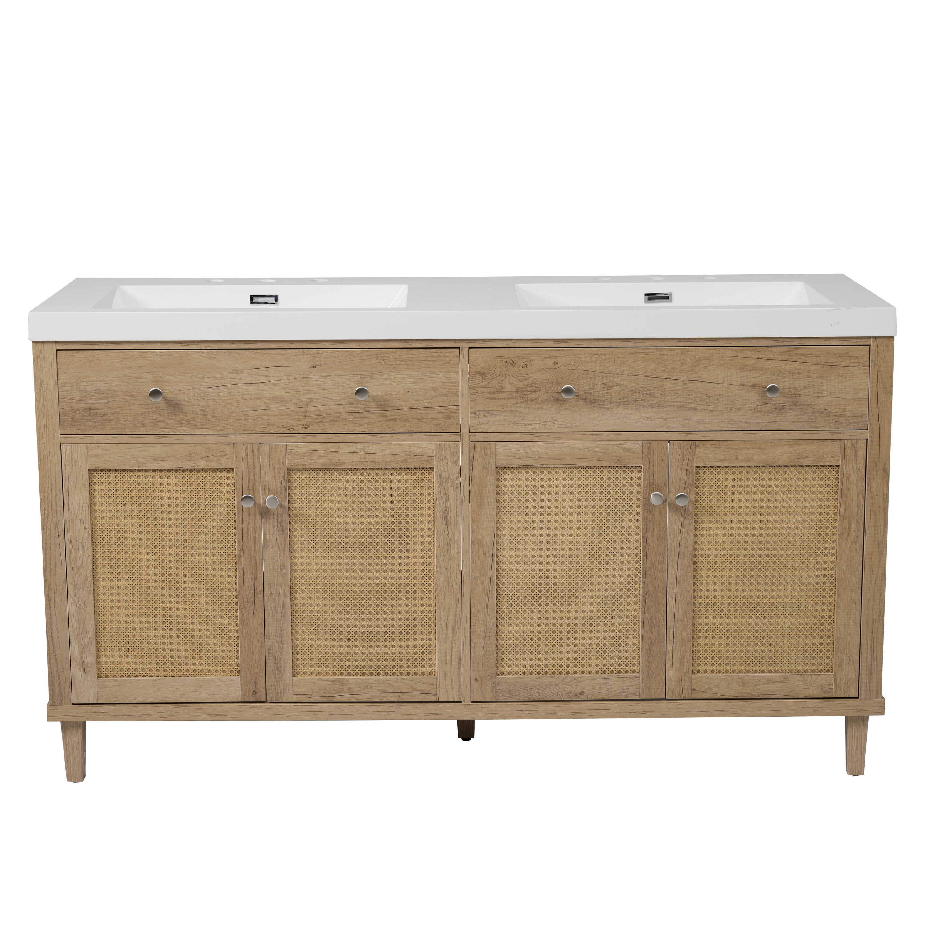 60 Inch Bathroom Vanity with Double Sink ( SMC Sink ), Large Storage Space with 2 Tip-Out Trays / Flip-Out Drawers and 4 Soft Closing Doors, Solid Wood Legs and Silver Metal Knobs, Wood Color Bathroom Vanity