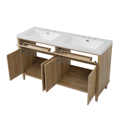 60 Inch Bathroom Vanity with Double Sink ( SMC Sink ), Large Storage Space with 2 Tip-Out Trays / Flip-Out Drawers and 4 Soft Closing Doors, Solid Wood Legs and Silver Metal Knobs, Wood Color Bathroom Vanity