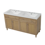 60 Inch Bathroom Vanity with Double Sink ( SMC Sink ), Large Storage Space with 2 Tip-Out Trays / Flip-Out Drawers and 4 Soft Closing Doors, Solid Wood Legs and Silver Metal Knobs, Wood Color Bathroom Vanity