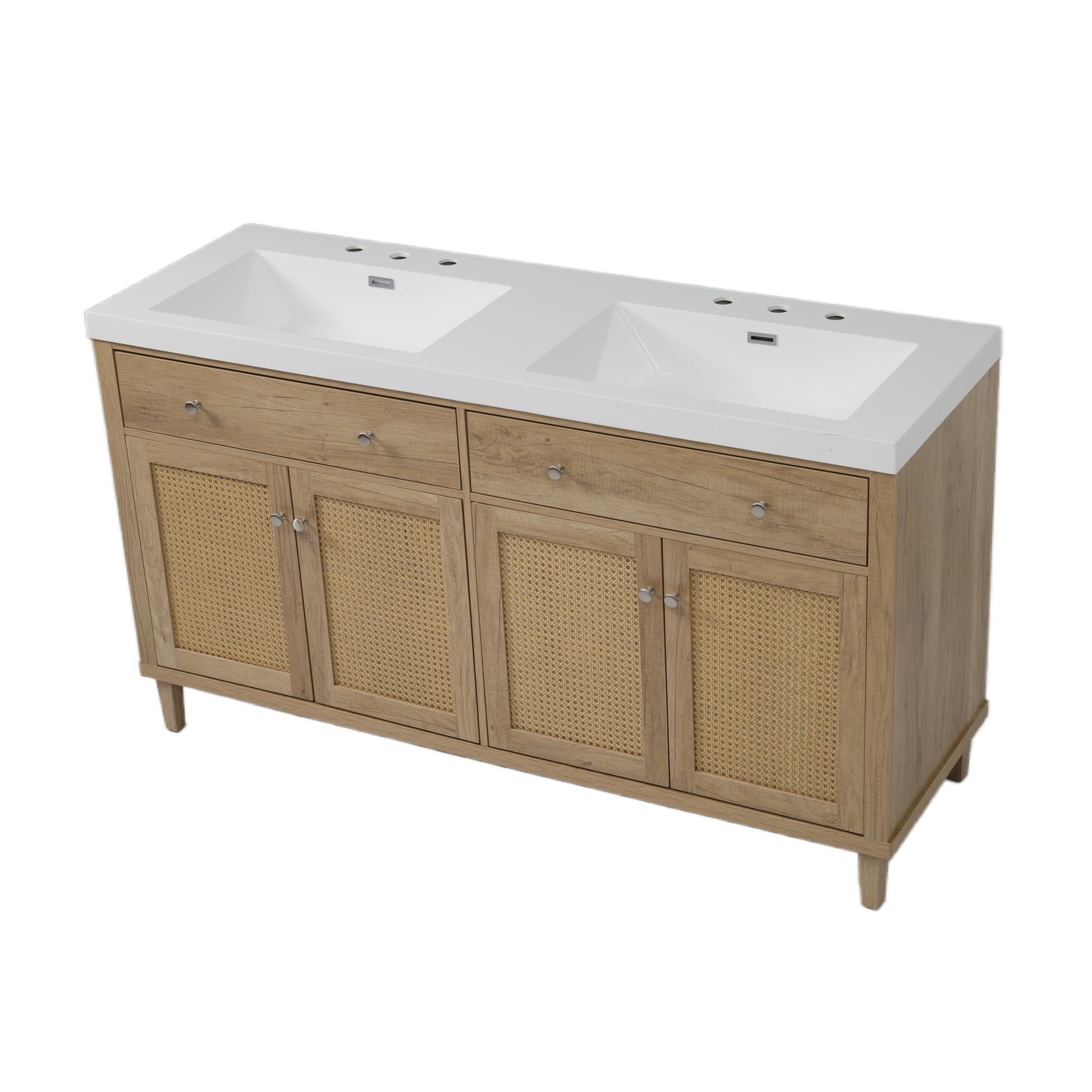 60 Inch Bathroom Vanity with Double Sink ( SMC Sink ), Large Storage Space with 2 Tip-Out Trays / Flip-Out Drawers and 4 Soft Closing Doors, Solid Wood Legs and Silver Metal Knobs, Wood Color Bathroom Vanity