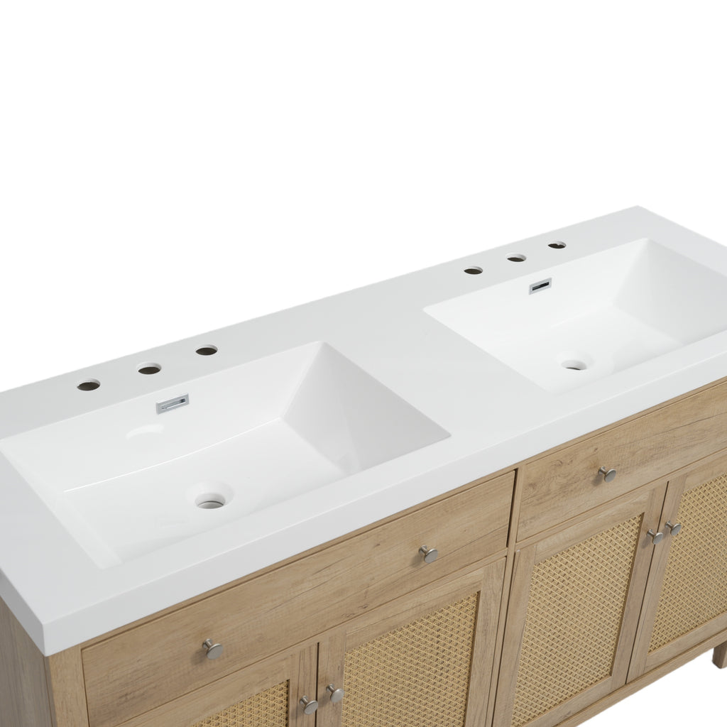 60 Inch Bathroom Vanity with Double Sink ( SMC Sink ), Large Storage Space with 2 Tip-Out Trays / Flip-Out Drawers and 4 Soft Closing Doors, Solid Wood Legs and Silver Metal Knobs, Wood Color Bathroom Vanity