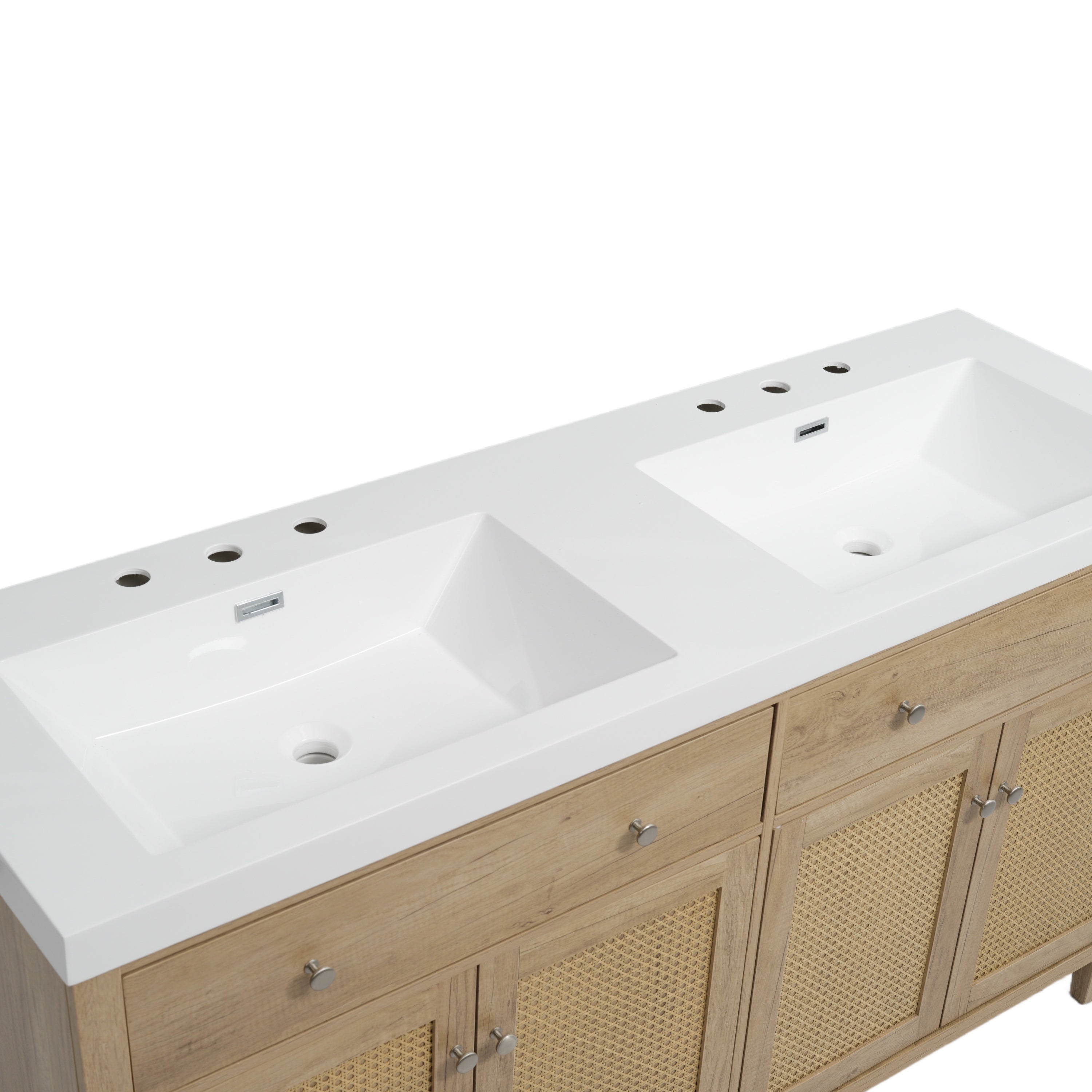 60 Inch Bathroom Vanity with Double Sink ( SMC Sink ), Large Storage Space with 2 Tip-Out Trays / Flip-Out Drawers and 4 Soft Closing Doors, Solid Wood Legs and Silver Metal Knobs, Wood Color Bathroom Vanity