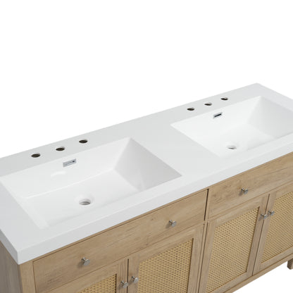 60 Inch Bathroom Vanity with Double Sink ( SMC Sink ), Large Storage Space with 2 Tip-Out Trays / Flip-Out Drawers and 4 Soft Closing Doors, Solid Wood Legs and Silver Metal Knobs, Wood Color Bathroom Vanity