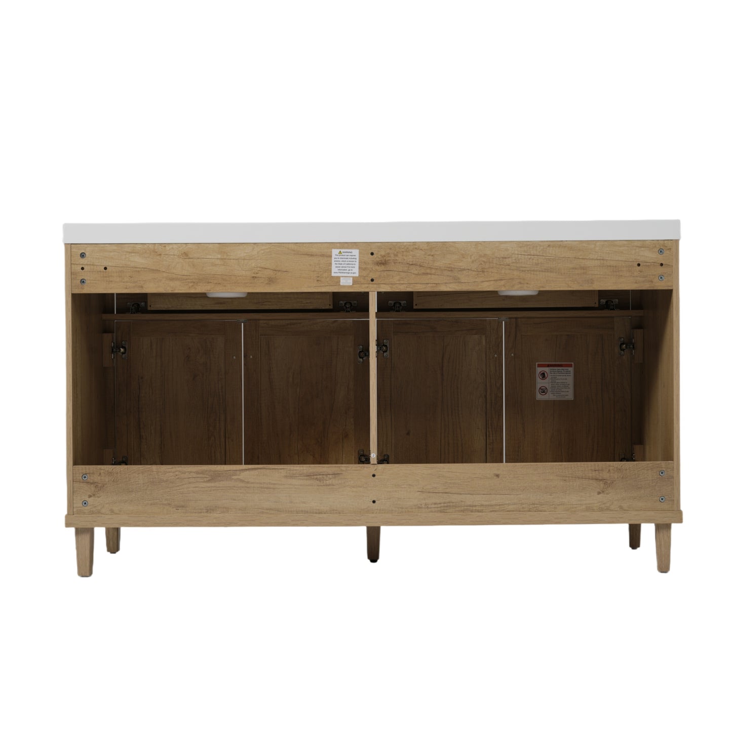 60 Inch Bathroom Vanity with Double Sink ( SMC Sink ), Large Storage Space with 2 Tip-Out Trays / Flip-Out Drawers and 4 Soft Closing Doors, Solid Wood Legs and Silver Metal Knobs, Wood Color Bathroom Vanity