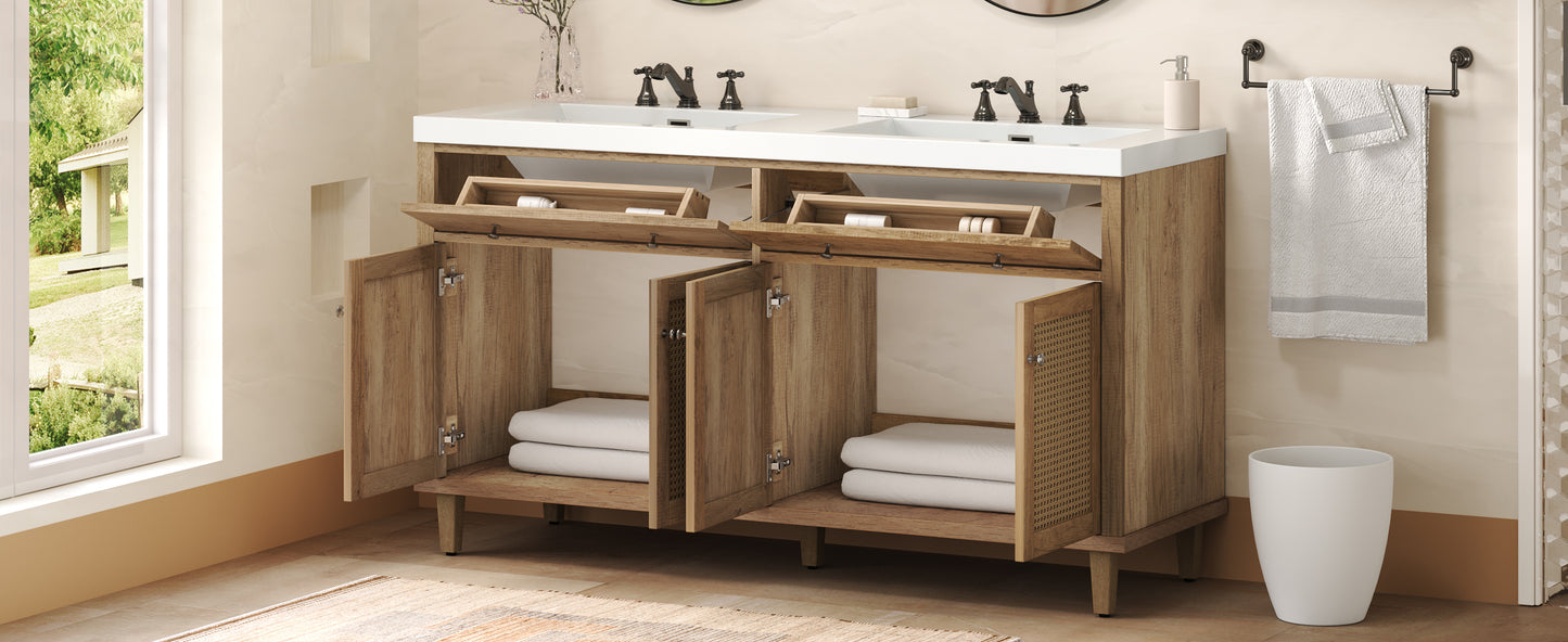 60 Inch Bathroom Vanity with Double Sink ( SMC Sink ), Large Storage Space with 2 Tip-Out Trays / Flip-Out Drawers and 4 Soft Closing Doors, Solid Wood Legs and Silver Metal Knobs, Wood Color Bathroom Vanity