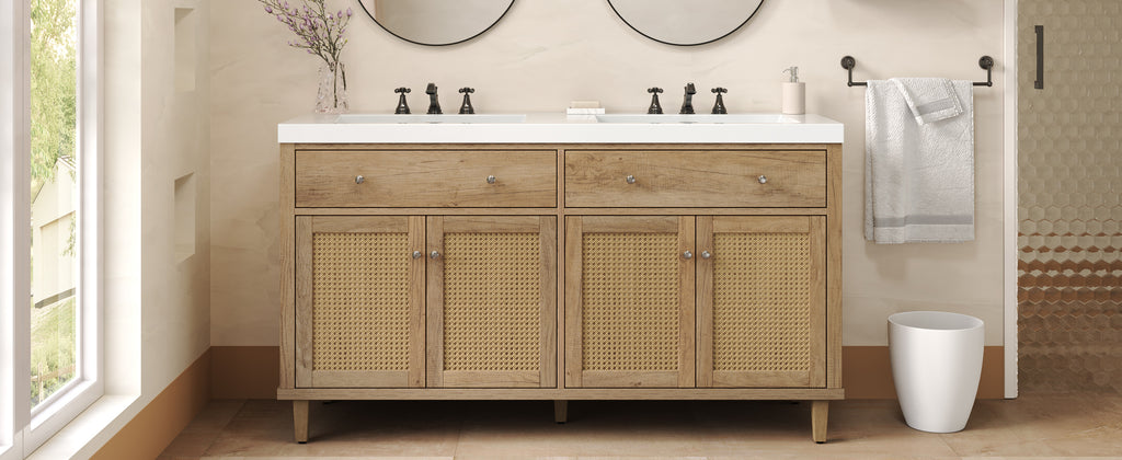 60 Inch Bathroom Vanity with Double Sink ( SMC Sink ), Large Storage Space with 2 Tip-Out Trays / Flip-Out Drawers and 4 Soft Closing Doors, Solid Wood Legs and Silver Metal Knobs, Wood Color Bathroom Vanity