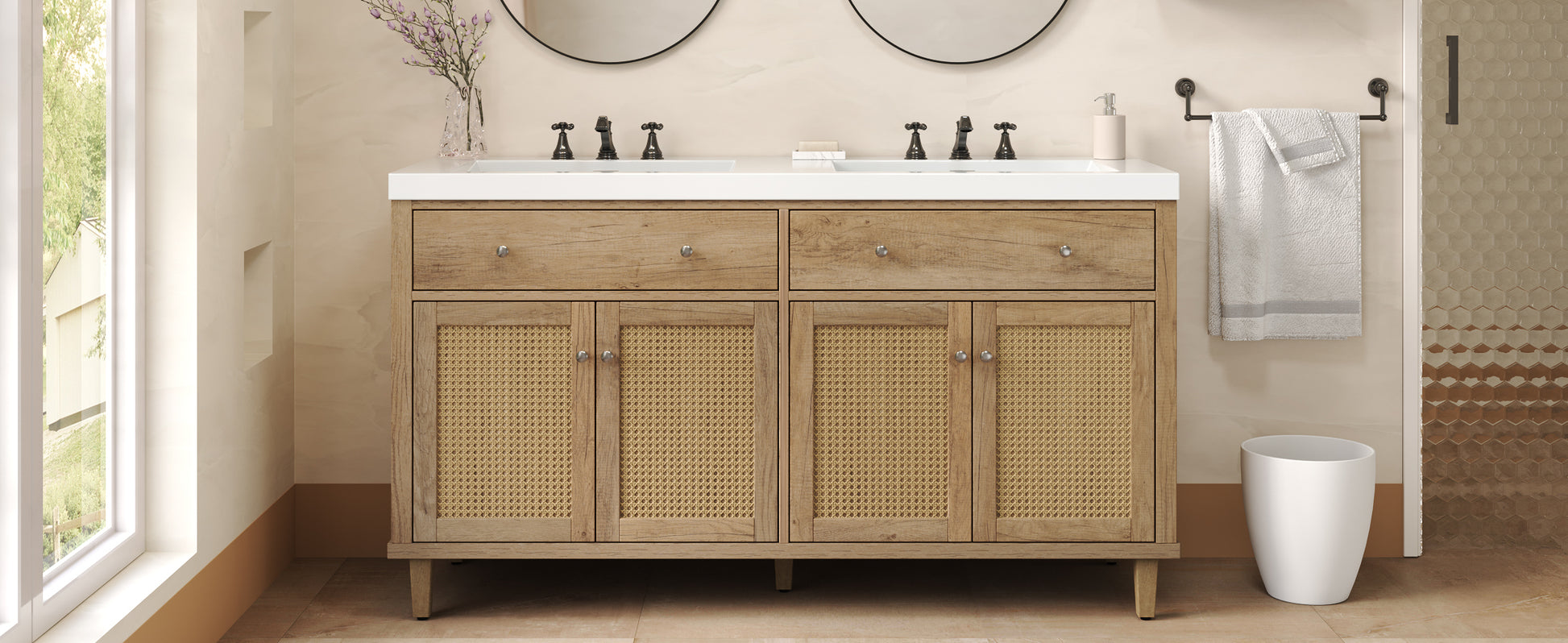60 Inch Bathroom Vanity with Double Sink ( SMC Sink ), Large Storage Space with 2 Tip-Out Trays / Flip-Out Drawers and 4 Soft Closing Doors, Solid Wood Legs and Silver Metal Knobs, Wood Color Bathroom Vanity