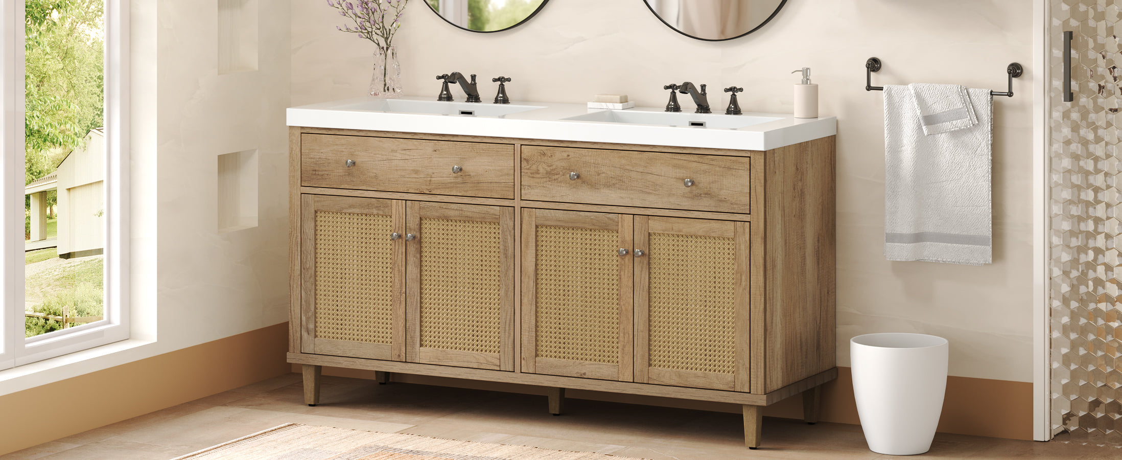 60 Inch Bathroom Vanity with Double Sink ( SMC Sink ), Large Storage Space with 2 Tip-Out Trays / Flip-Out Drawers and 4 Soft Closing Doors, Solid Wood Legs and Silver Metal Knobs, Wood Color Bathroom Vanity