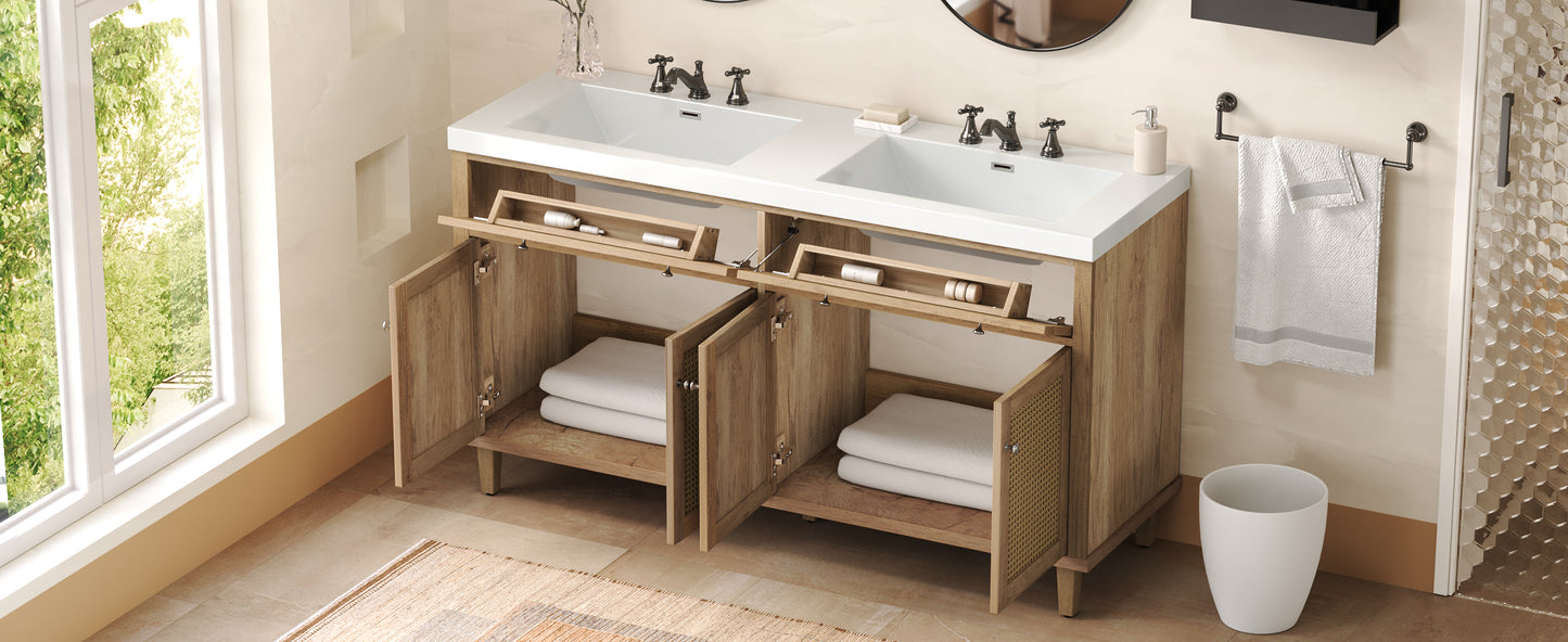 60 Inch Bathroom Vanity with Double Sink ( SMC Sink ), Large Storage Space with 2 Tip-Out Trays / Flip-Out Drawers and 4 Soft Closing Doors, Solid Wood Legs and Silver Metal Knobs, Wood Color Bathroom Vanity