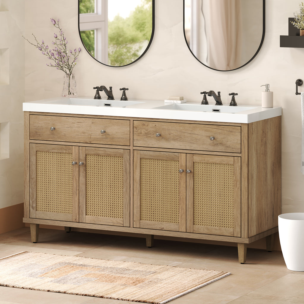 60 Inch Bathroom Vanity with Double Sink ( SMC Sink ), Large Storage Space with 2 Tip-Out Trays / Flip-Out Drawers and 4 Soft Closing Doors, Solid Wood Legs and Silver Metal Knobs, Wood Color Bathroom Vanity