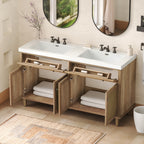 60 Inch Bathroom Vanity with Double Sink ( SMC Sink ), Large Storage Space with 2 Tip-Out Trays / Flip-Out Drawers and 4 Soft Closing Doors, Solid Wood Legs and Silver Metal Knobs, Wood Color Bathroom Vanity