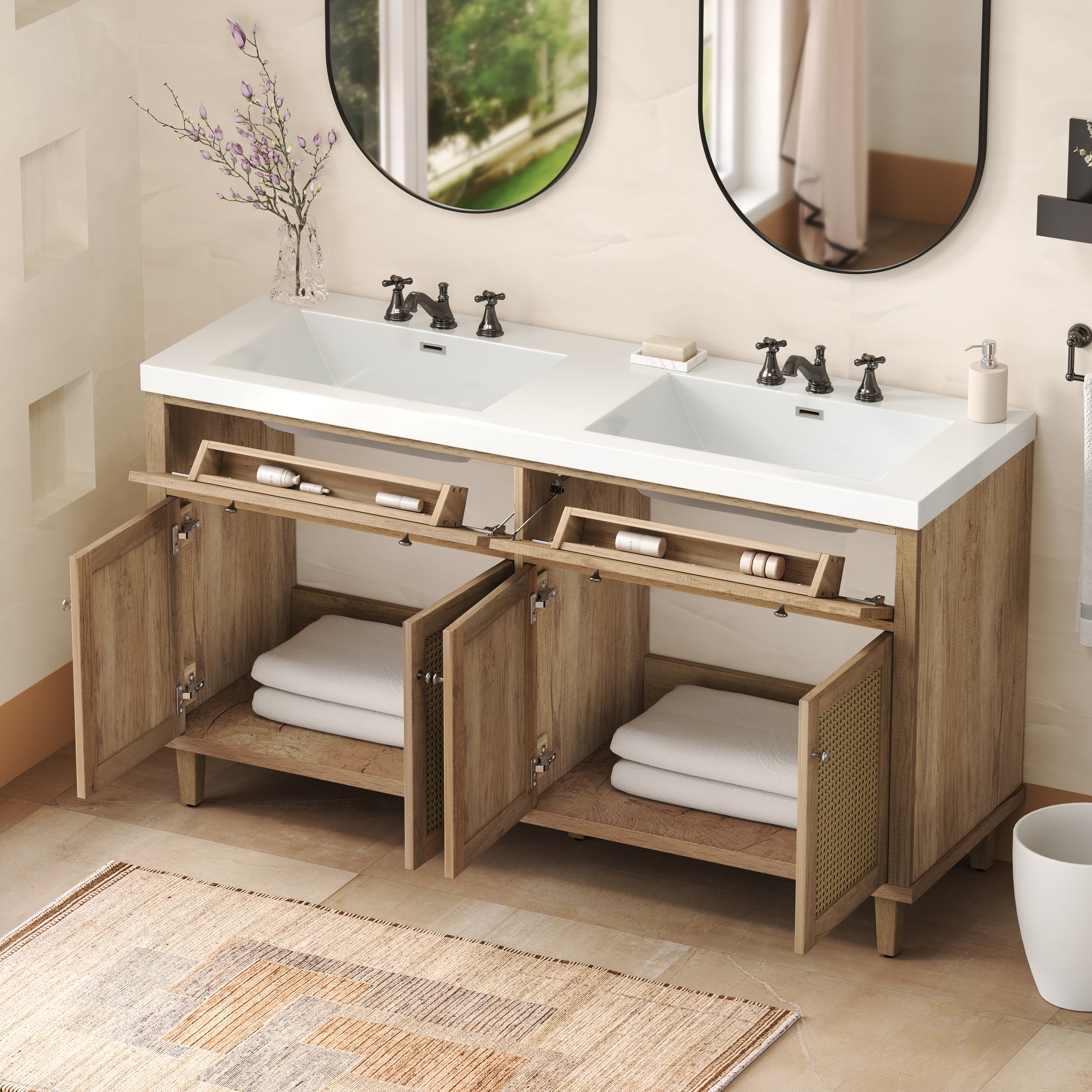 60 Inch Bathroom Vanity with Double Sink ( SMC Sink ), Large Storage Space with 2 Tip-Out Trays / Flip-Out Drawers and 4 Soft Closing Doors, Solid Wood Legs and Silver Metal Knobs, Wood Color Bathroom Vanity