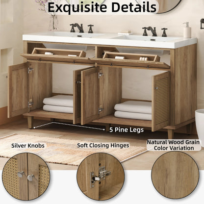 60 Inch Bathroom Vanity with Double Sink ( SMC Sink ), Large Storage Space with 2 Tip-Out Trays / Flip-Out Drawers and 4 Soft Closing Doors, Solid Wood Legs and Silver Metal Knobs, Wood Color Bathroom Vanity