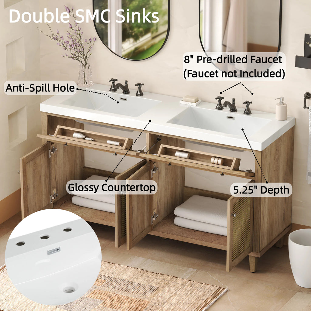 60 Inch Bathroom Vanity with Double Sink ( SMC Sink ), Large Storage Space with 2 Tip-Out Trays / Flip-Out Drawers and 4 Soft Closing Doors, Solid Wood Legs and Silver Metal Knobs, Wood Color Bathroom Vanity