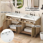 60 Inch Bathroom Vanity with Double Sink ( SMC Sink ), Large Storage Space with 2 Tip-Out Trays / Flip-Out Drawers and 4 Soft Closing Doors, Solid Wood Legs and Silver Metal Knobs, Wood Color Bathroom Vanity