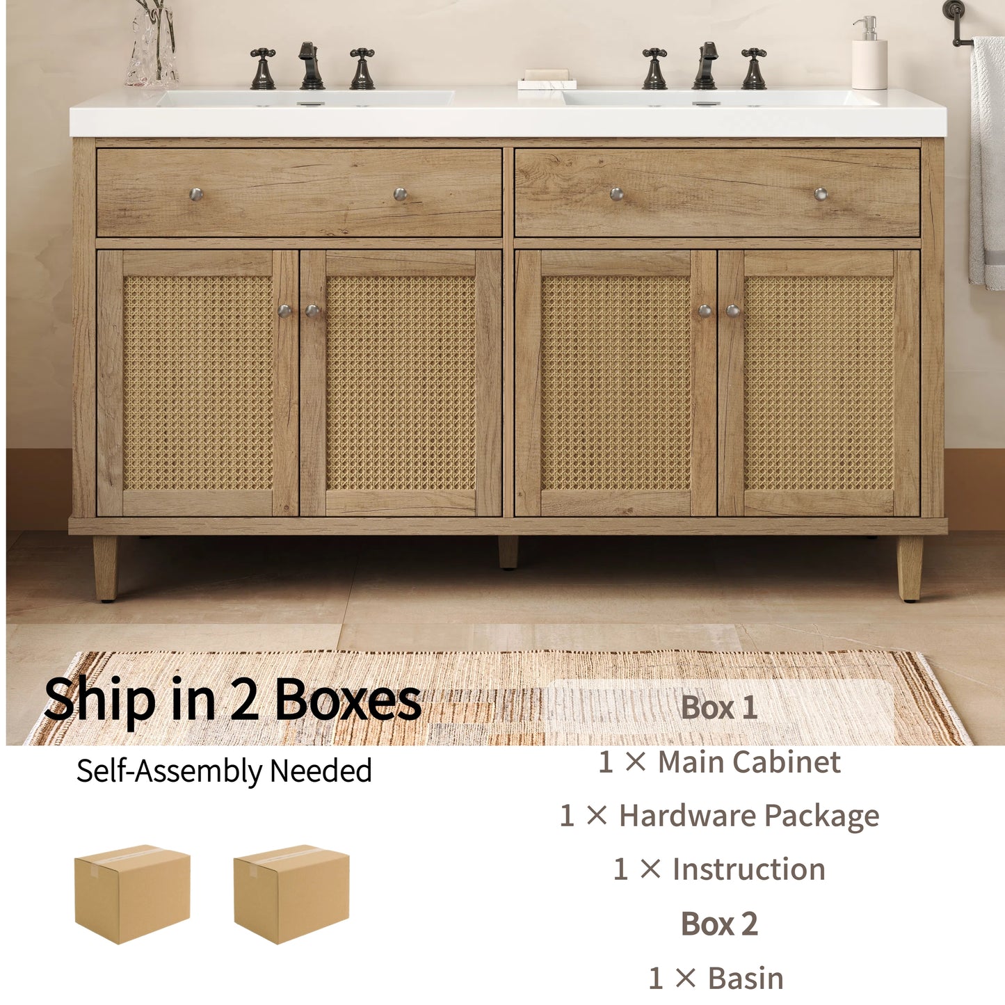60 Inch Bathroom Vanity with Double Sink ( SMC Sink ), Large Storage Space with 2 Tip-Out Trays / Flip-Out Drawers and 4 Soft Closing Doors, Solid Wood Legs and Silver Metal Knobs, Wood Color Bathroom Vanity
