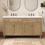 60 Inch Bathroom Vanity with Double Sink ( SMC Sink ), Large Storage Space with 2 Tip-Out Trays / Flip-Out Drawers and 4 Soft Closing Doors, Solid Wood Legs and Silver Metal Knobs, Wood Color Bathroom Vanity