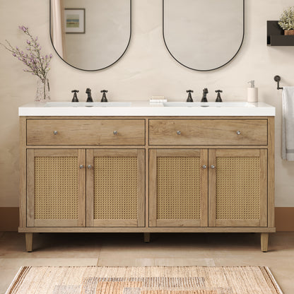 60 Inch Bathroom Vanity with Double Sink ( SMC Sink ), Large Storage Space with 2 Tip-Out Trays / Flip-Out Drawers and 4 Soft Closing Doors, Solid Wood Legs and Silver Metal Knobs, Wood Color Bathroom Vanity