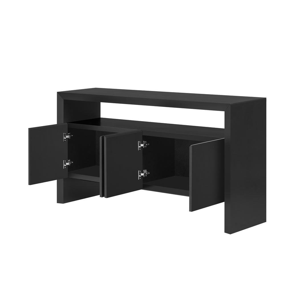 U_Style 60' 4-Door Sideboard, Modern Minimalist Solid Wood Veneer Sideboard with Open Shelf, Natural Wood Grain, Large Capacity Storage Console for Living Room, Hallway, Dining (Black/Natural)